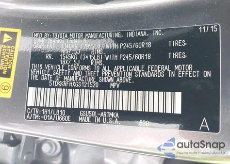 2016 Toyota Highlander Xle V6 из США, поврежденный, VIN 5TDKKRFHXGS121520